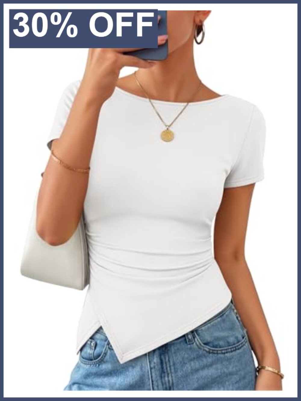 Womens Asymmetrical Ruched Short Sleeve Y2K Top Slim Fit Summer Tee